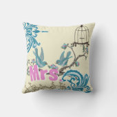 Aqua Hot Pink Birds Mrs Brides Pillow Kussen (Achterkant)