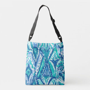 Aqua Ikat Fringe Tribal Waterverf Afdrukken Crossbody Tas