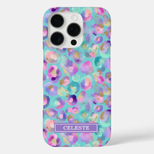 Aqua iriserende luipaardprint met monogram iPhone 16 pro hoesje