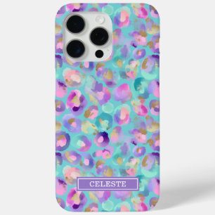 Aqua iriserende luipaardprint met monogram iPhone 15 pro max hoesje