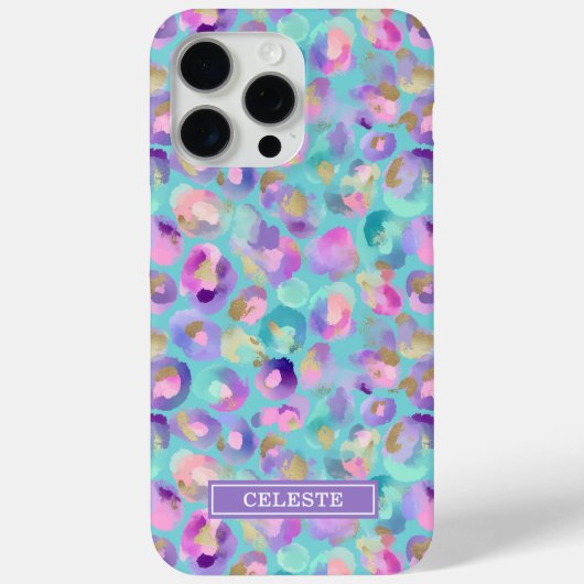 Aqua iriserende luipaardprint met monogram Case-Mate iPhone case (Achterkant)