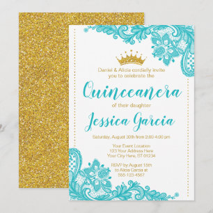 Aqua Lace en Glitter Gold Princess Quinceañera Kaart