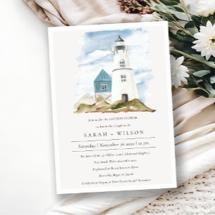 Aqua Lighthouse Mountains Couples Shower Invite Bedankkaart
