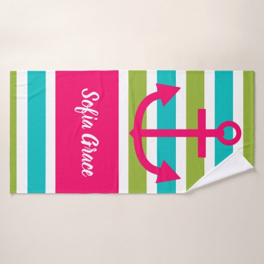 Aqua Limoen Stripes Roze Anchor Aangepaste handdoe Badhanddoek (Badhanddoek)