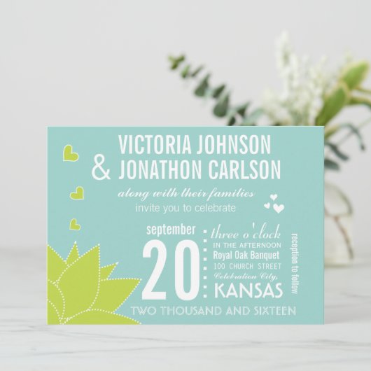 Aqua Limoen Succulent ModernTypography Wedding Kaart (Staand voorkant)