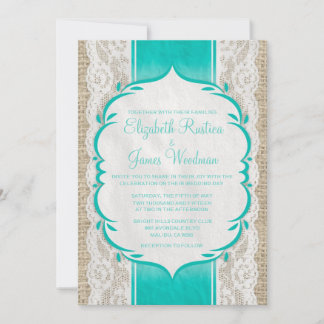 Aqua Linen Burlap & Lace Wedding Invitations Kaart