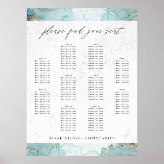 AQUA MARBLE AGATE 10 TABEL WEDDING SEATING CHART POSTER (Voorkant)