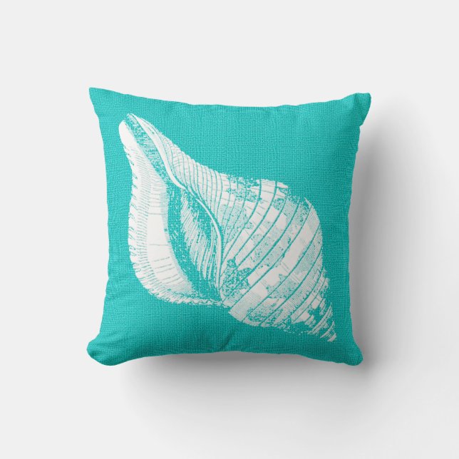 Aqua met White Conch Seashell Burlap Kijk Kussen (Voorkant)