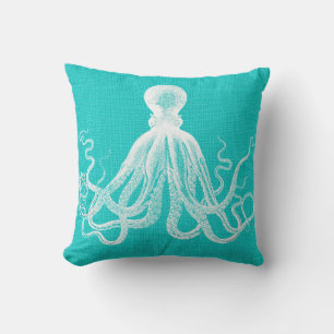 Aqua met White Octopus Burlap Kijk Kussen