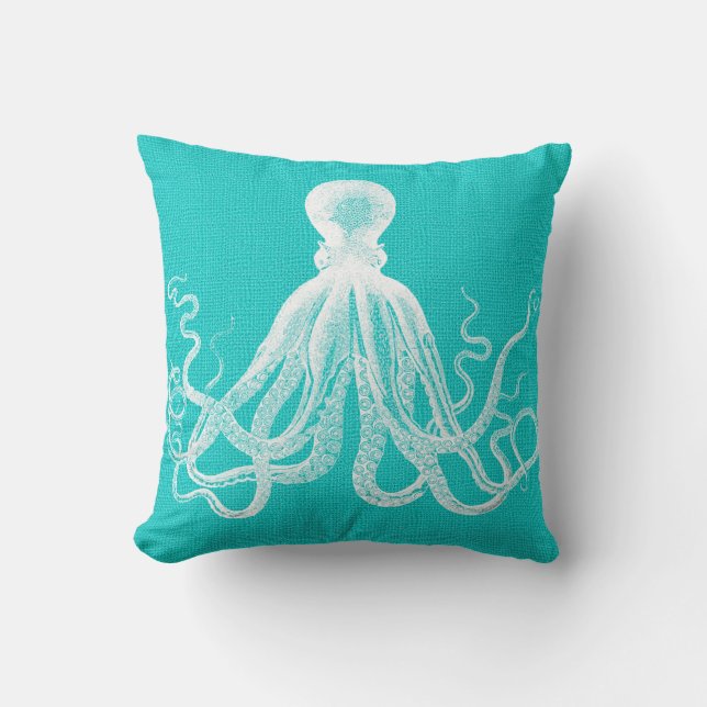 Aqua met White Octopus Burlap Kijk Kussen (Voorkant)