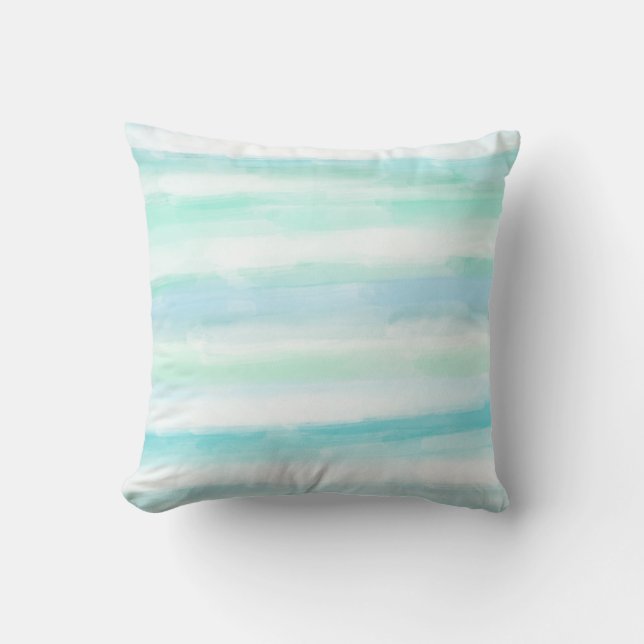 Aqua Mint Blue White Waterverf Stripes Kussen (Voorkant)