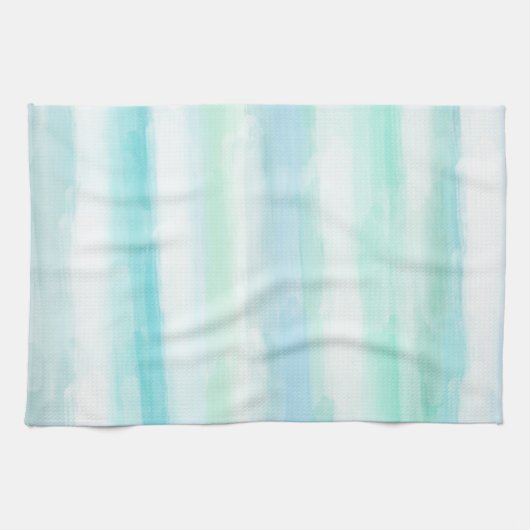 Aqua Mint Blue White Waterverf Stripes Theedoek (Horizontaal)