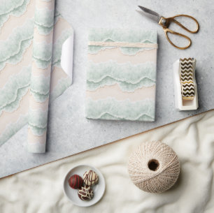 Aqua Mint Crème Zand Oceaan Strand Strepen Verjaar Cadeaupapier
