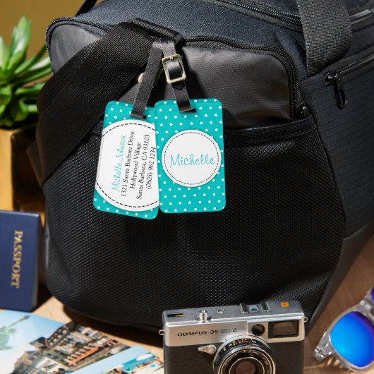 Aqua mint flower polka-punten genaamd bagagelabel (Voorkant /achterkant)