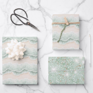 Aqua Mint Glitter Zand Oceaan Strand Streep Verjaa Inpakpapier Vel