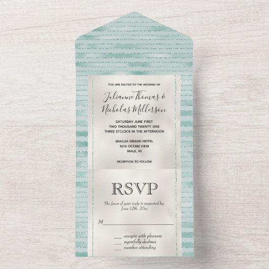 Aqua Mint Glitzy Glitter Stripes All In One Uitnodiging (Binnen)