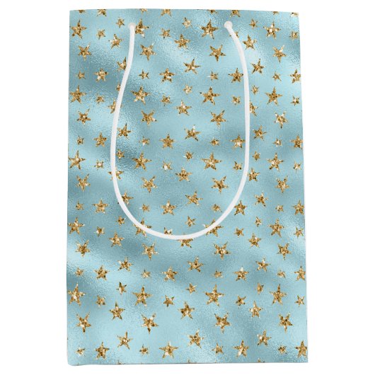 Aqua Mint Gold Glitter Stars Medium Cadeauzakje (Voorkant)