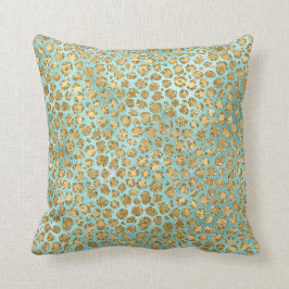 Aqua Mint Gold Glitz Glitter Leopard  Kussen