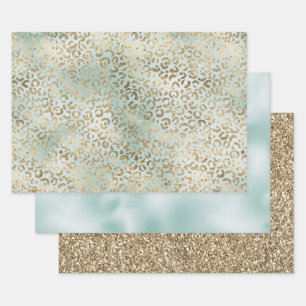 Aqua Mint Gold Glitz Sparkle Leopard Print Inpakpapier Vel