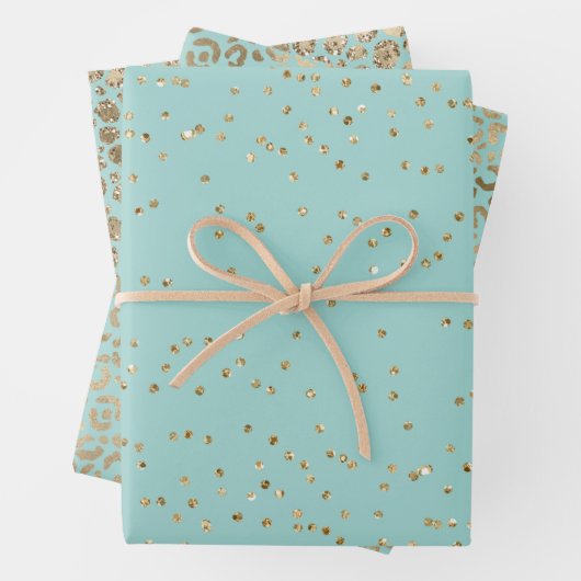 Aqua Mint Gold Sparkle Stippen Leopard Inpakpapier Vel (In situ)