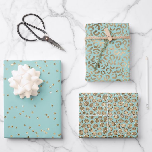 Aqua Mint Gold Sparkle Stippen Leopard Inpakpapier Vel (Voorkant)