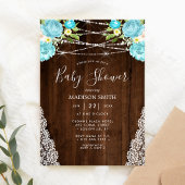 Aqua Mint Rustic String Lights Floral Baby shower Kaart
