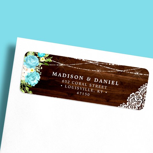 Aqua Mint Rustic Wood String Lights Floral Adres Etiket