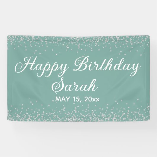 Aqua Mint Silver Diamond Glitter Happy Birthday Spandoek (Horizontaal)