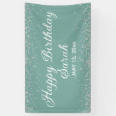 Aqua Mint Silver Diamond Glitter Happy Birthday Spandoek (Verticaal)
