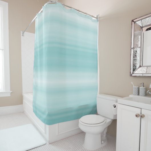 Aqua Mint White Beach Vibes Stripes Douchegordijn (In situ)