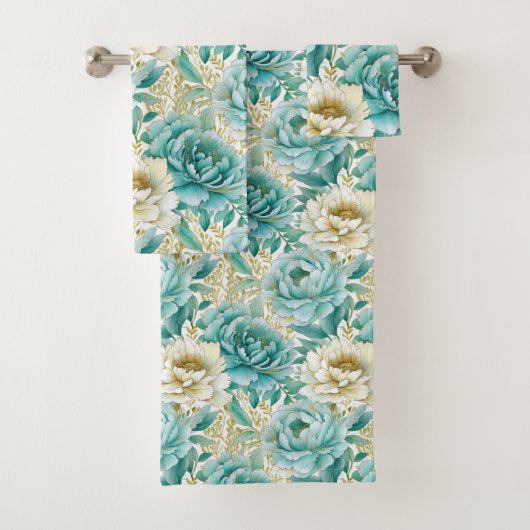 Aqua Mint Witte Bloemen Bad Handdoek (Insitu)