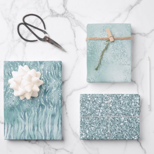Aqua Mint Zebra Print Confetti Glitter Inpakpapier Vel (Voorkant)