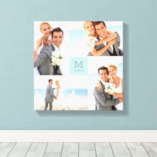 Aqua Modern Grid Monogram Bruiloft 4 Fotocollage Canvas Afdruk (Insitu (Houten vloer))
