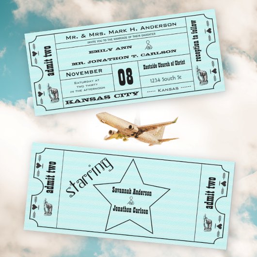 Aqua  Modern Typografie Ticket Wedding Kaart