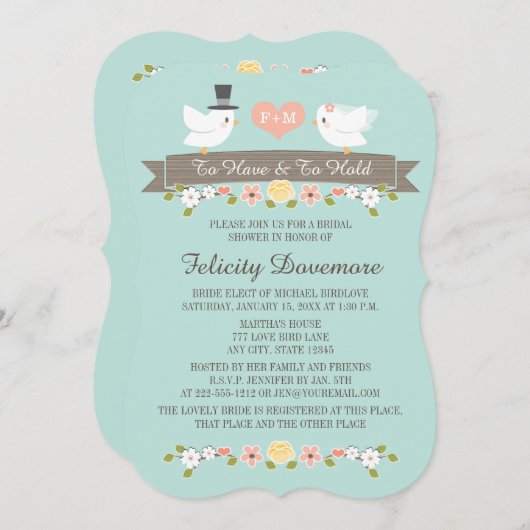 Aqua Monogram Inséparables Invitation à la douche  (Devant / Derrière)