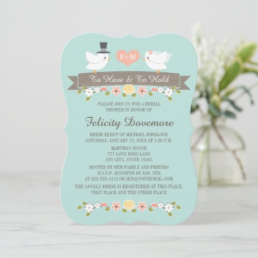 Aqua Monogram Inséparables Invitation à la douche  (Debout devant)