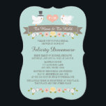 Aqua Monogram Inséparables Invitation à la douche<br><div class="desc">Ajoutez vos initiales et votre monogramme au coeur de cette douce invitation à la douche nuptiale à thème inséparable avec deux colombes blanches l'une enfilée dans le chapeau d'un marié gris et l'autre portant un voile nuptial floral sur un arrière - plan turquoise turquoise aqua. La bannière marron dit "A...</div>