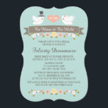 Aqua Monogram Inséparables Invitation à la douche<br><div class="desc">Ajoutez vos initiales et votre monogramme au coeur de cette douce invitation à la douche nuptiale à thème inséparable avec deux colombes blanches l'une enfilée dans le chapeau d'un marié gris et l'autre portant un voile nuptial floral sur un arrière - plan turquoise turquoise aqua. La bannière marron dit "A...</div>