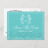 Aqua Monogram Seahorse Save the Date Briefkaarten (Voorkant / Achterkant)