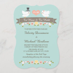 Aqua Monogram Tortelduifjes Dove Huwelijksuitnodig Kaart