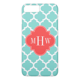 Aqua Moroccan #5 Coral Red 3 Initiaal monogram iPhone 8 Plus / 7 Plus Hoesje