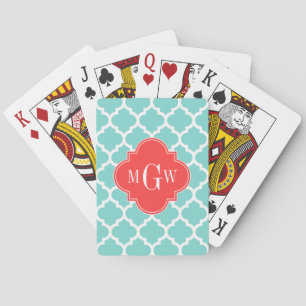 Aqua Moroccan #5 Coral Red 3 Initiaal monogram Speelkaarten