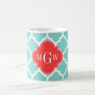 Aqua Moroccan #5 Coral Rood 3 Initiaal Monogram Koffiemok