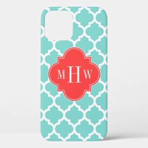 Aqua Moroccan #5 Coral Rood 3 Initiële Monogram iPhone 12 Pro Hoesje