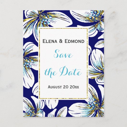 Aqua, motif floral à feuille d'or, carte de sauveg (Devant)