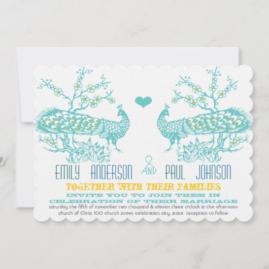 Aqua & Mustard Yellow Peacock Invitations de maria (Devant)