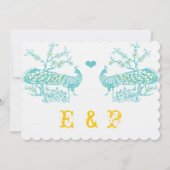 Aqua & Mustard Yellow Peacock Wedding Invitations Kaart (Achterkant)