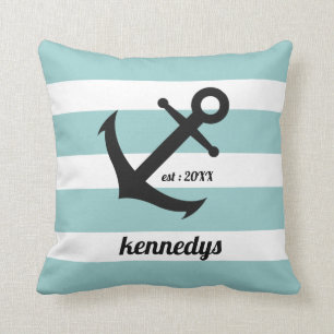 Aqua Nautical Stripes Anchor Familienaam Kussen