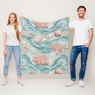 Aqua Nauticale Zeester Schelp Patroon Fleece Deken