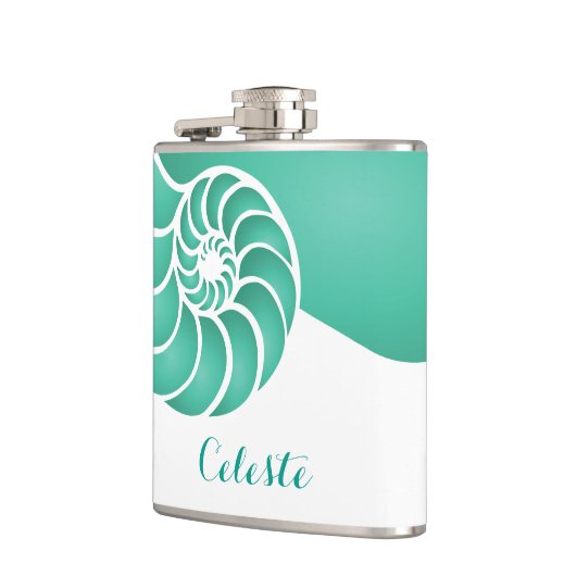 Aqua Nautilus Shell met Custom Monogram Heupfles (Links)